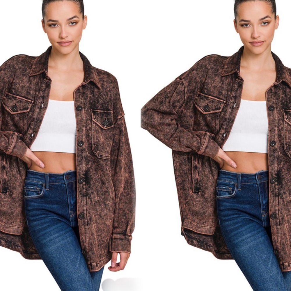 Women's Brown Acid Wash Button Down Shacket - Picture 3 of 7